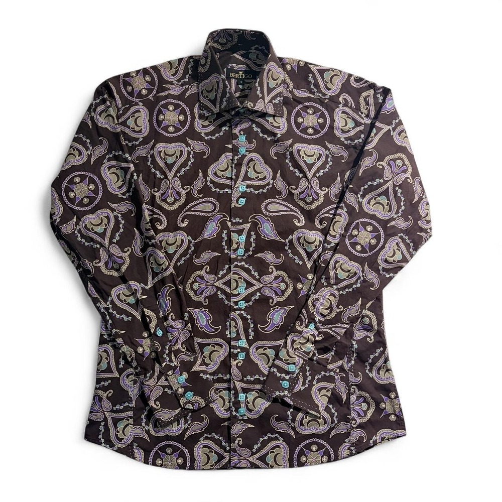 Bertigo Mens Brown Purple Paisley Button Up Shirt Teal Accents Size Medium
